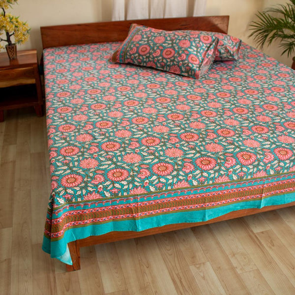 Cotton Double Bedsheet Sea Green Sunflower Jaal Print 1 (4709469454435)