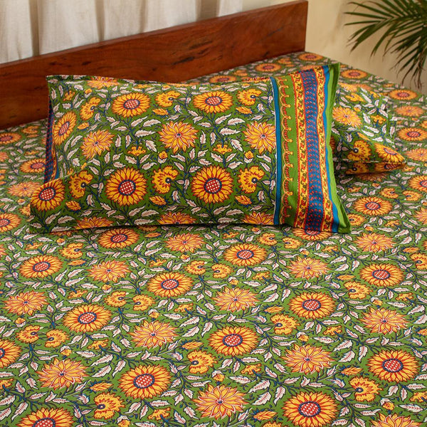 Cotton Double Bedsheet Green Sunflower Jaal Print (4709469552739)