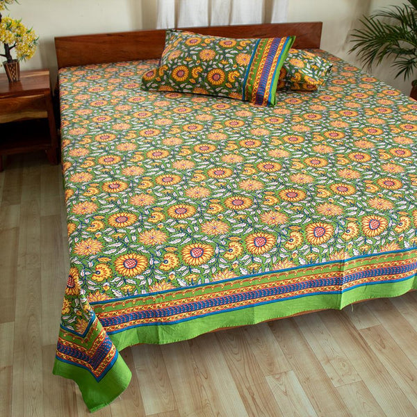Cotton Double Bedsheet Green Sunflower Jaal Print 1 (4709469552739)