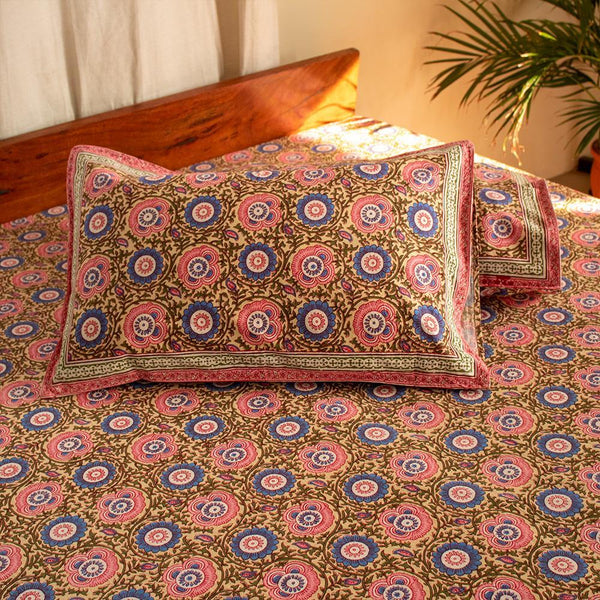 Cotton Double Bedsheet Camel Brown Chakri Print (4709469880419)