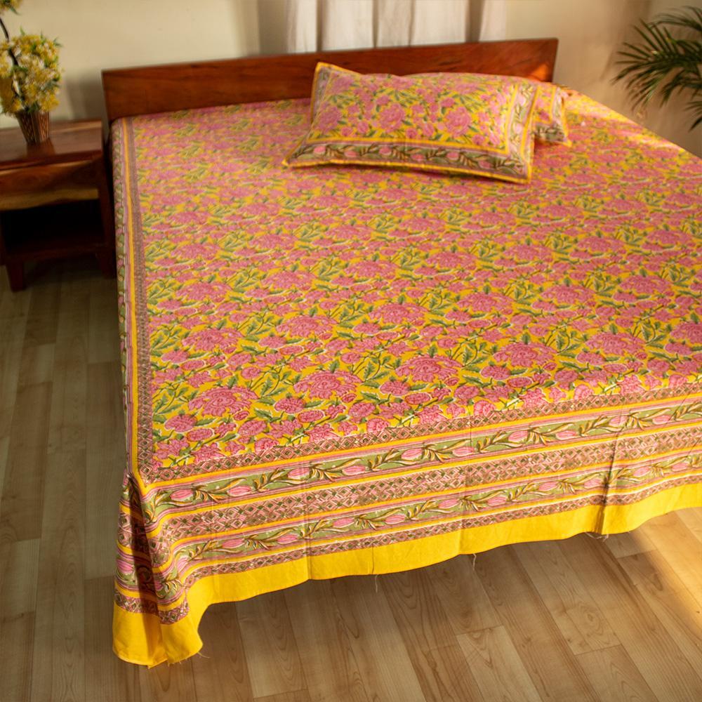 Cotton Double Bedsheet Yellow Floral Jaal Print 1 (4709469945955)