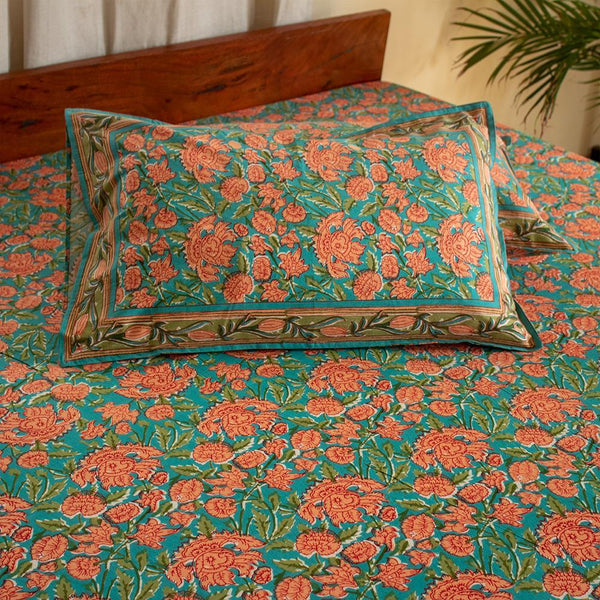 Cotton Double Bedsheet Green Floral Jaal Print 2 (4709469978723)