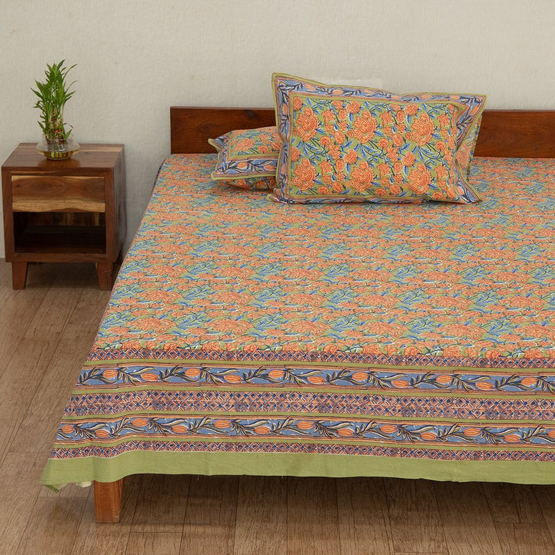 Cotton Double Bedsheet Green Red Floral Jaal Print (4788828078179)
