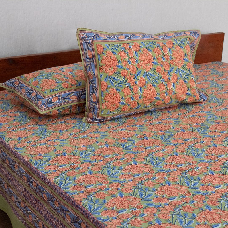 Cotton Double Bedsheet Green Red Floral Jaal Print 1 (4788828078179)