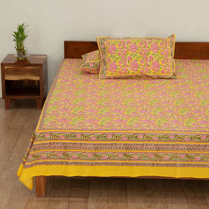 Cotton Double Bedsheet Yellow Pink Floral Jaal Print (4788828110947)