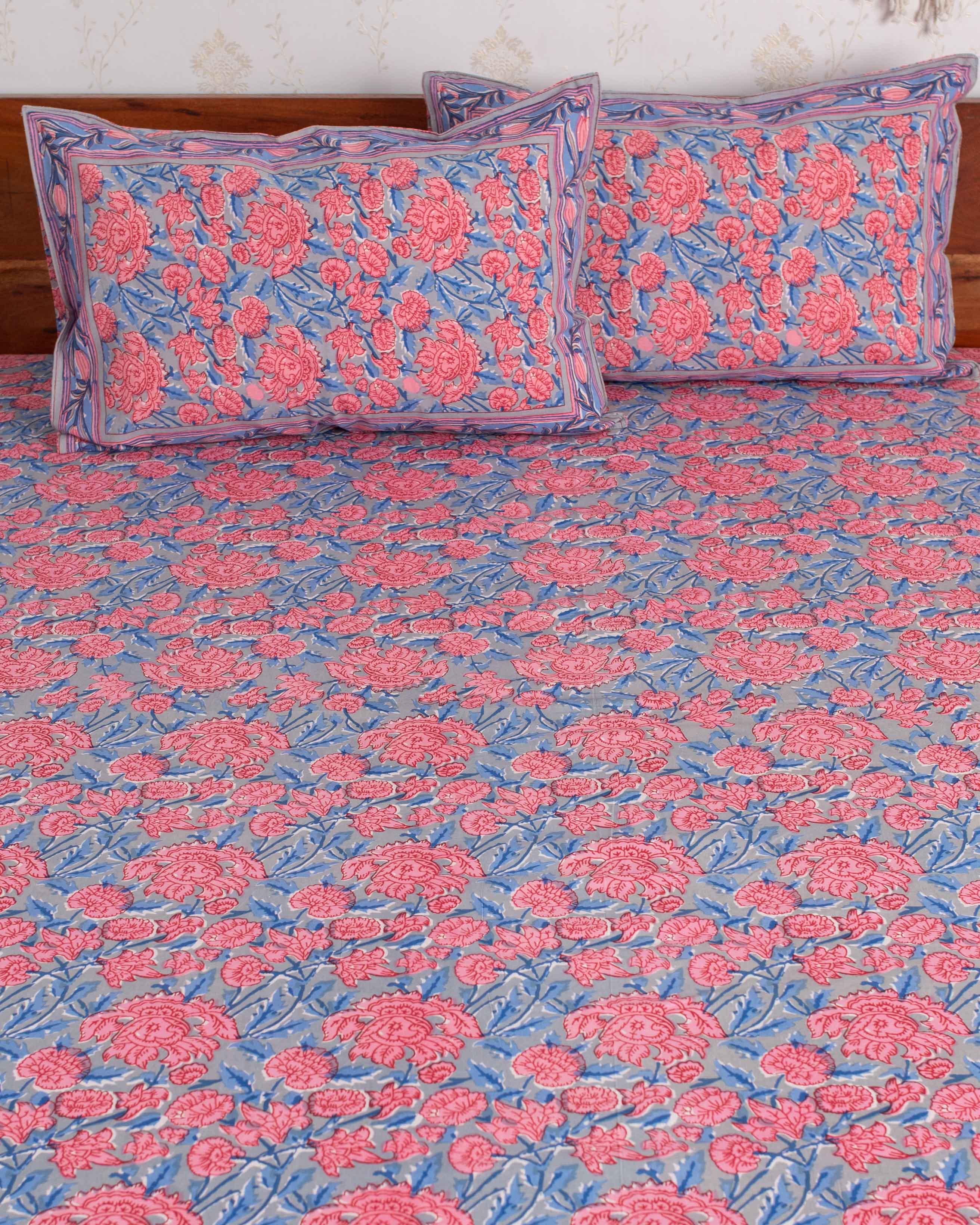 Cotton Queen Size Bedsheet Grey Pink Floral Jaal Print 1 (6741986213987)