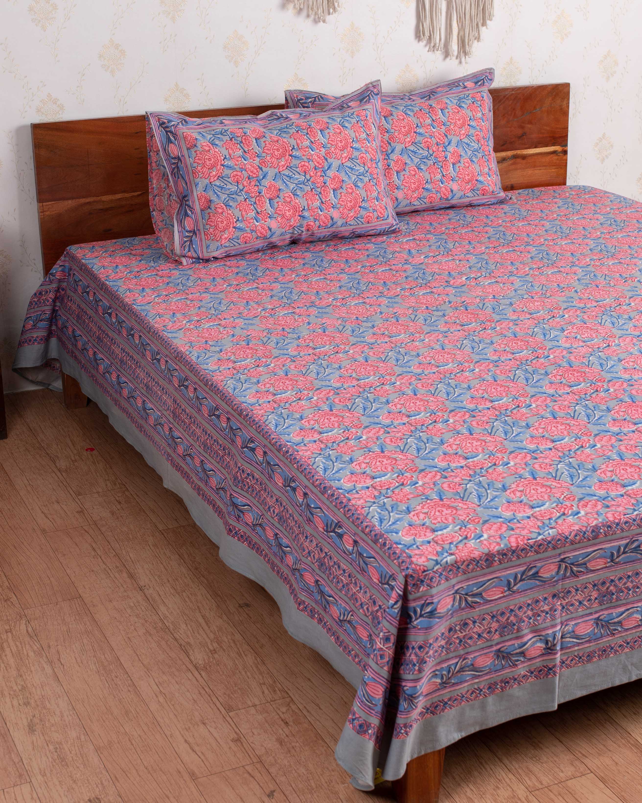 Cotton Queen Size Bedsheet Grey Pink Floral Jaal Print (6741986213987)