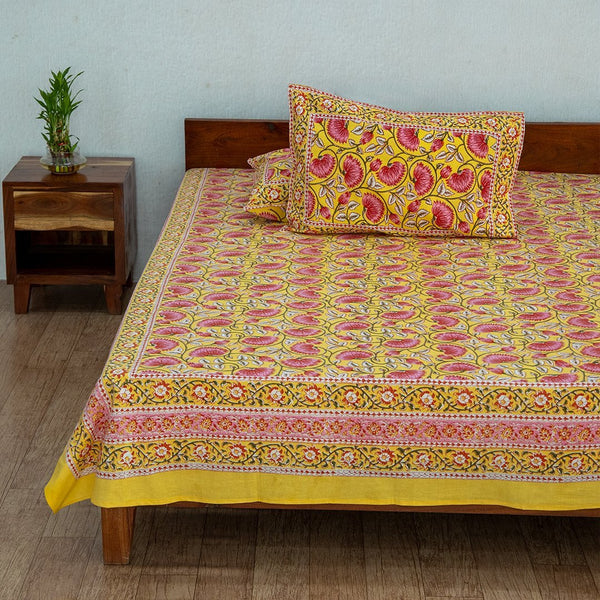 Cotton Double Bedsheet Yellow Pink Floral Jaal Print 1 (6627072311395)