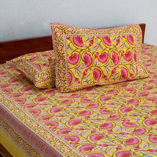 Cotton Double Bedsheet Yellow Pink Floral Jaal Print (6627072311395)