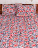 Cotton Queen Size Bedsheet Grey Pink Floral Jaal Print 1 (6741986246755)
