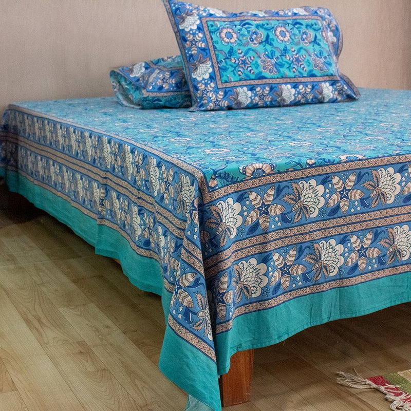 Cotton Queen Size Bedsheet Turquoise Blue Floral Jaal Print 1 (6610752962659)