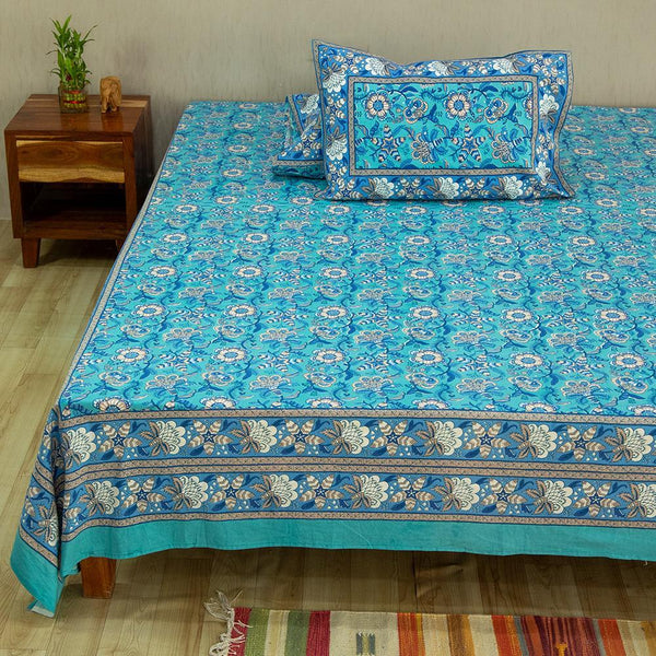 Cotton Queen Size Bedsheet Turquoise Blue Floral Jaal Print (6610752962659)