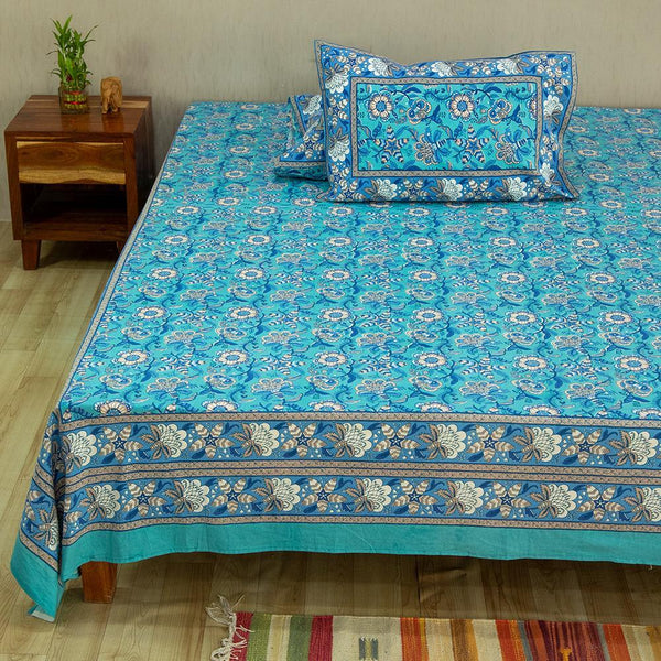 Cotton Queen Size Bedsheet Turquoise Blue Floral Jaal Print (6610752962659)