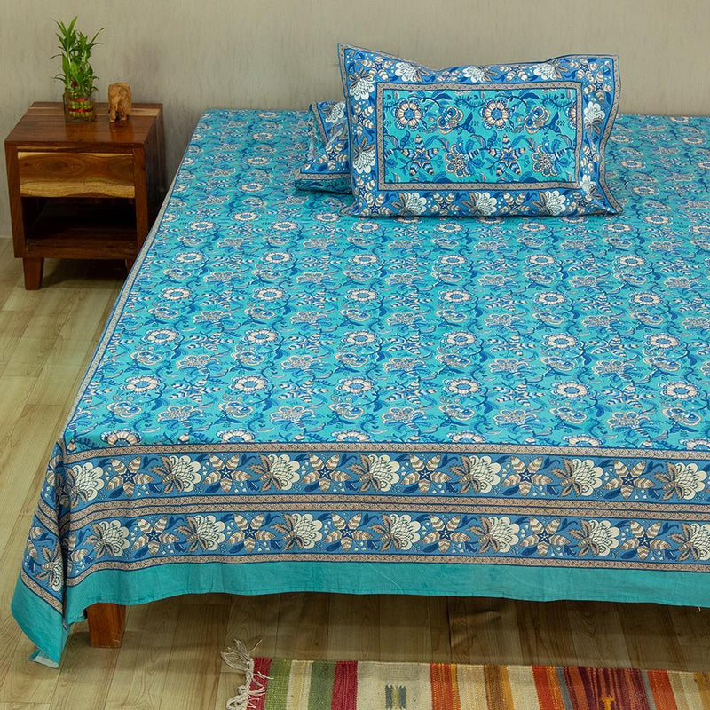 Cotton Queen Size Bedsheet Turquoise Blue Floral Jaal Print (6610752962659)