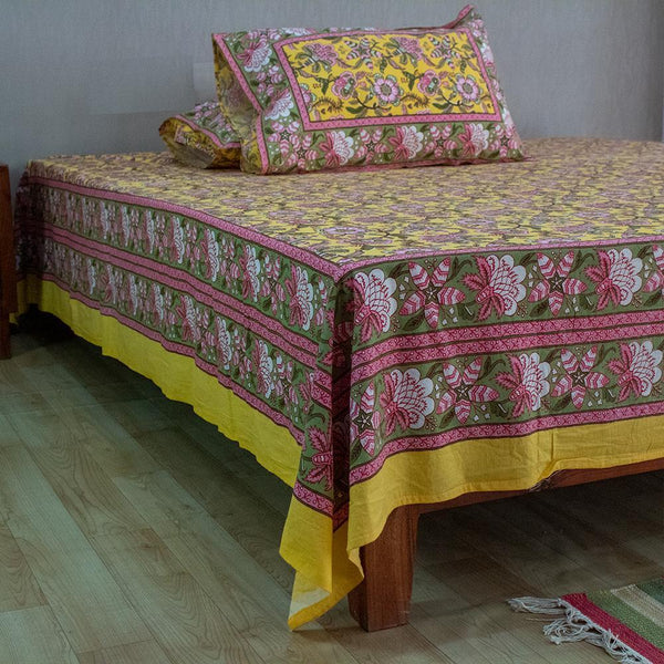 Cotton Queen Size Bedsheet Yellow Pink Floral Jaal Print 1 (6610752995427)