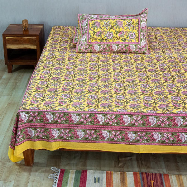 Cotton Queen Size Bedsheet Yellow Pink Floral Jaal Print (6610752995427)
