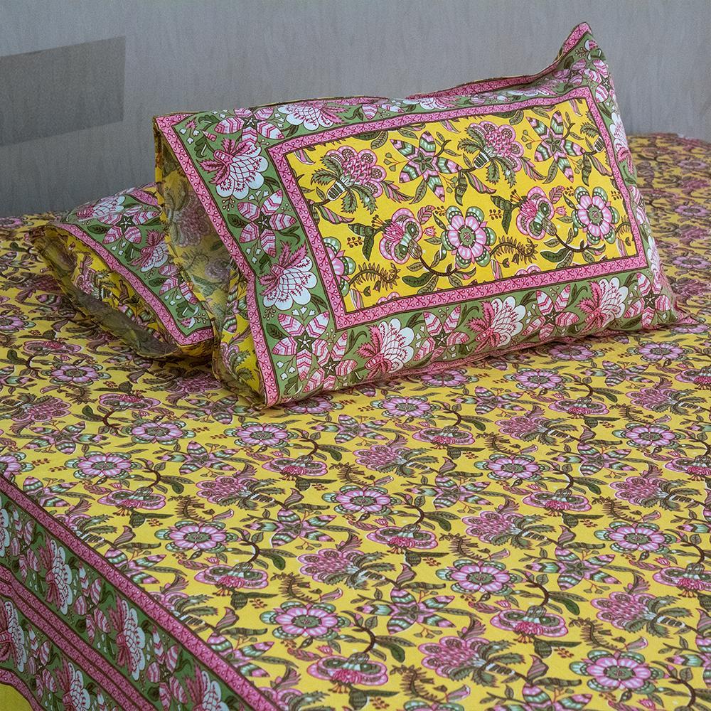 Cotton Queen Size Bedsheet Yellow Pink Floral Jaal Print 2 (6610752995427)