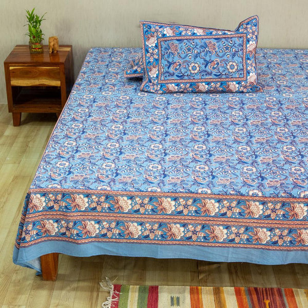 Cotton Queen Size Bedsheet Light Blue Brown Floral Jaal Print (6610753028195)