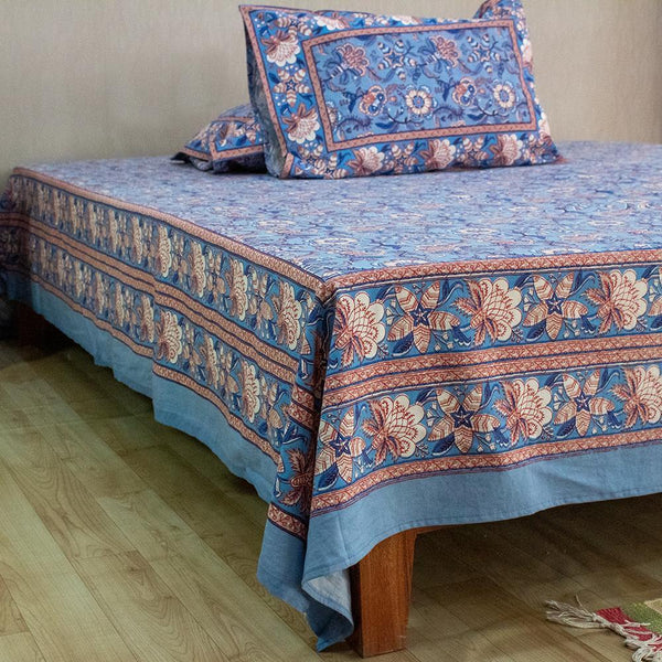 Cotton Queen Size Bedsheet Light Blue Brown Floral Jaal Print 1 (6610753028195)