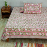 Cotton Queen Size Bedsheet Light Brown Pink Floral Jaal Print (6610753060963)