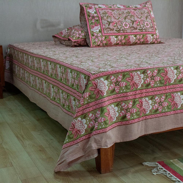 Cotton Queen Size Bedsheet Light Brown Pink Floral Jaal Print 1 (6610753060963)