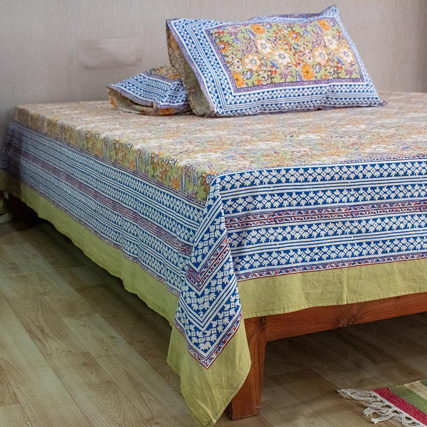 Cotton Queen Size Bedsheet Light Green Orange Floral Jaal Print 1 (6610753126499)