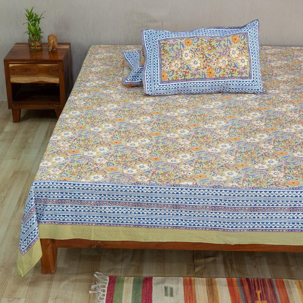 Cotton Queen Size Bedsheet Light Green Orange Floral Jaal Print (6610753126499)