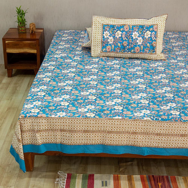 Cotton Queen Size Bedsheet Blue White Floral Jaal Print (6610753192035)