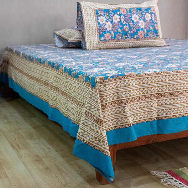 Cotton Queen Size Bedsheet Blue White Floral Jaal Print 1 (6610753192035)