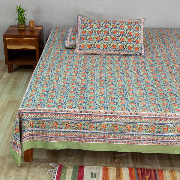 Cotton Queen Size Bedsheet Light Green Red Tulip Bel Print (6610753224803)