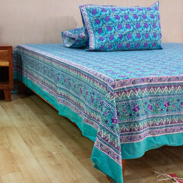 Cotton Queen Size Bedsheet Sea Green Purple Tulip Bel Print 1 (6610753323107)