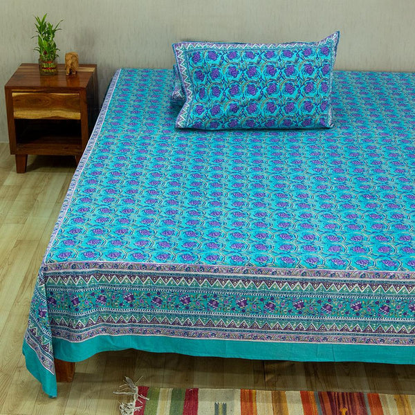 Cotton Queen Size Bedsheet Sea Green Purple Tulip Bel Print (6610753323107)