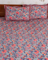 Cotton Queen Size Bedsheet Grey Pink Floral Jaal Print 1 (6741986312291)