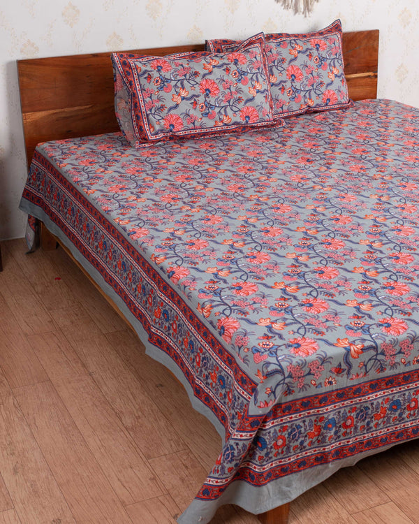 Cotton Queen Size Bedsheet Grey Pink Floral Jaal Print (6741986312291)