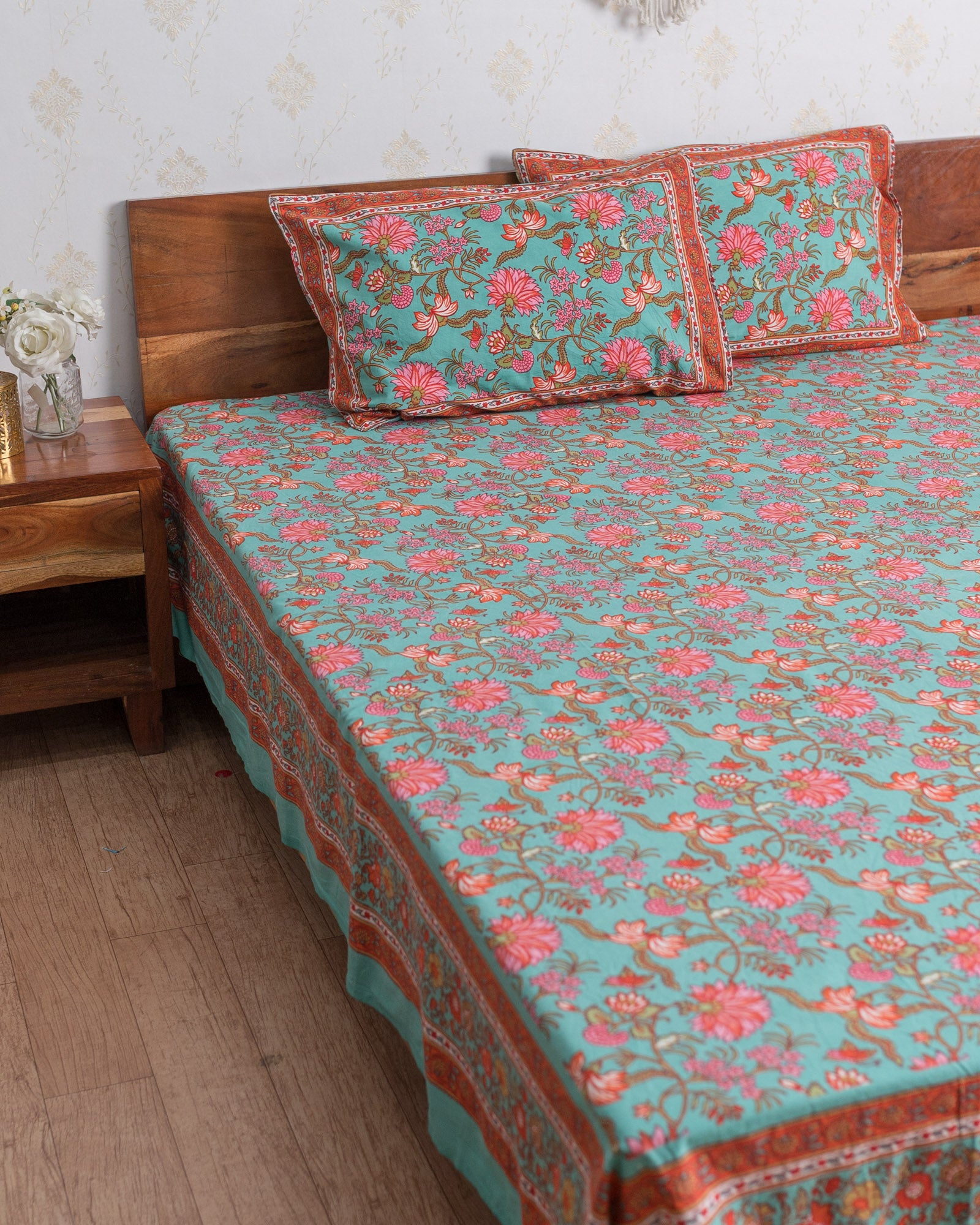 Cotton Queen Size Bedsheet Green Pink Floral Jaal Print (6741986345059)