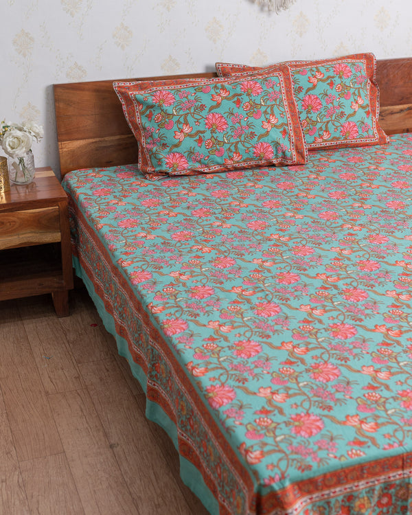 Cotton Queen Size Bedsheet Green Pink Floral Jaal Print (6741986345059)