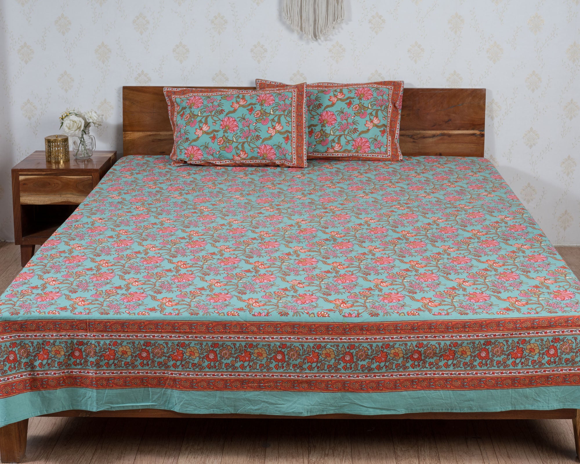 Cotton Queen Size Bedsheet Green Pink Floral Jaal Print 1 (6741986345059)