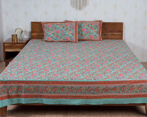 Cotton Queen Size Bedsheet Green Pink Floral Jaal Print 1 (6741986345059)