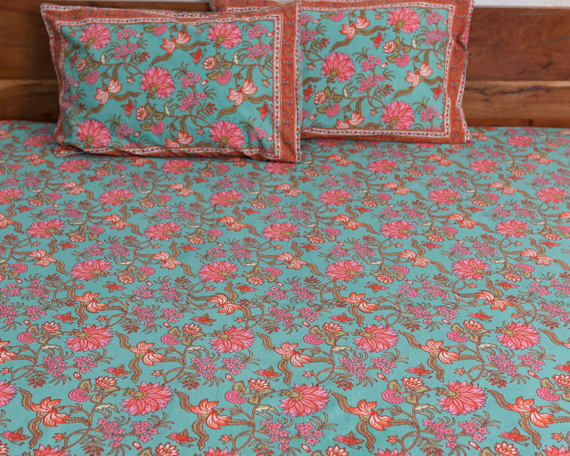 Cotton Queen Size Bedsheet Green Pink Floral Jaal Print 3 (6741986345059)