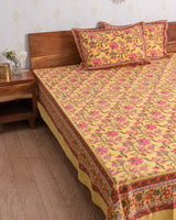Cotton Queen Size Bedsheet Yellow Pink Floral Jaal Print (6741986377827)