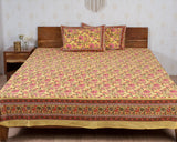 Cotton Queen Size Bedsheet Yellow Pink Floral Jaal Print 3 (6741986377827)