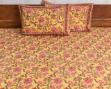Cotton Queen Size Bedsheet Yellow Pink Floral Jaal Print 2 (6741986377827)