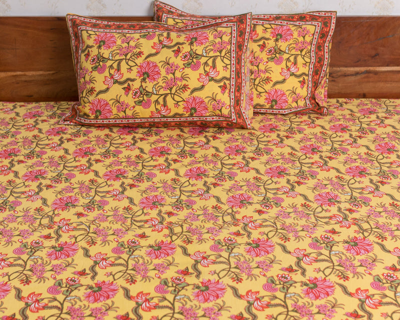 Cotton Queen Size Bedsheet Yellow Pink Floral Jaal Print 2 (6741986377827)