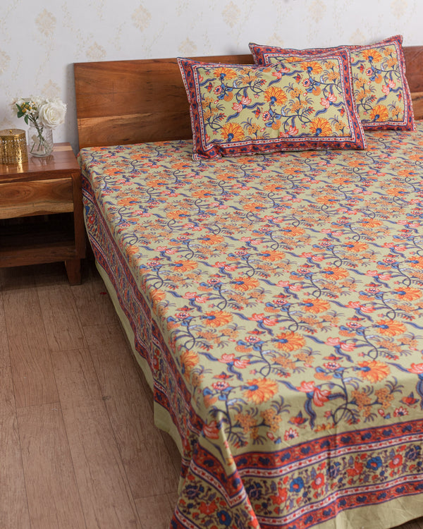 Cotton Queen Size Bedsheet Light Green Yellow Floral Jaal Print (6741986410595)
