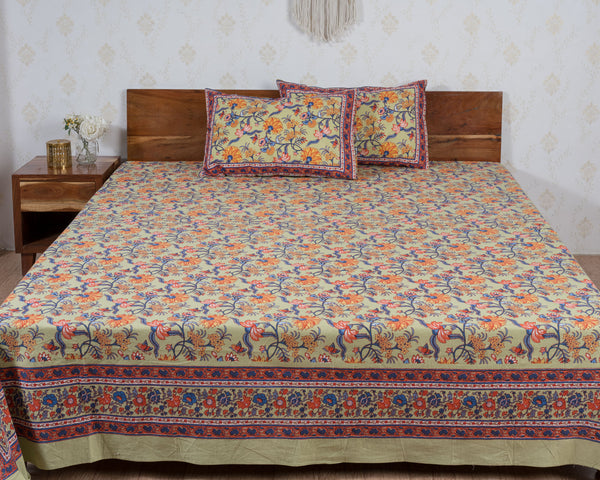 Cotton Queen Size Bedsheet Light Green Yellow Floral Jaal Print 2 (6741986410595)