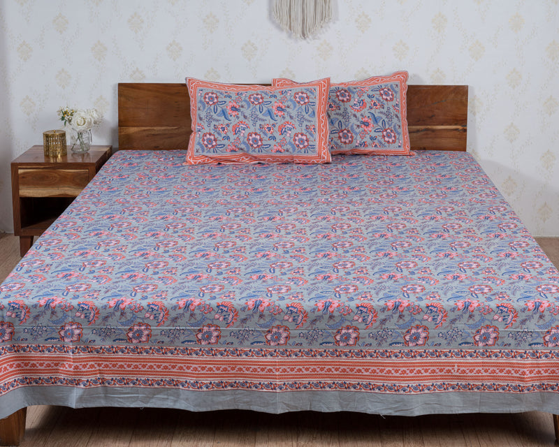 Cotton Queen Size Bedsheet Grey Pink Floral Print 2 (6741986443363)