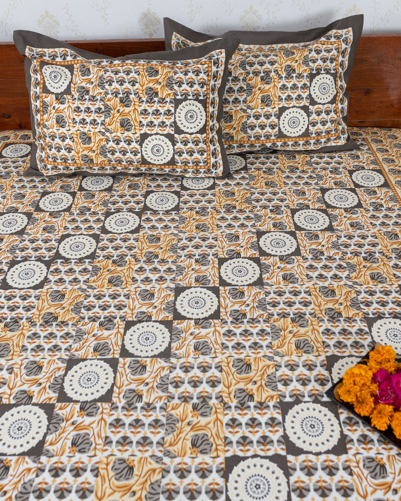 Cotton Double Bedsheet Brown Grey Checks Print 2 (6820984881251)