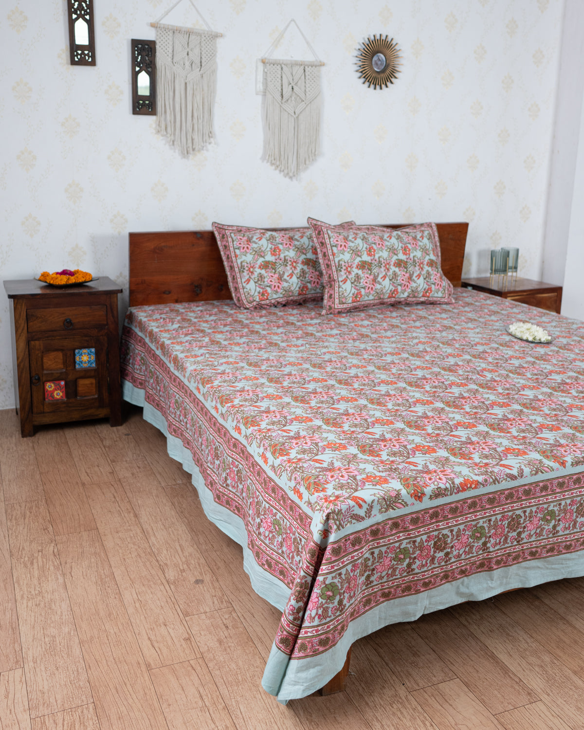 Cotton Double Bedsheet Teal Green Jaal Print (6831167045731)