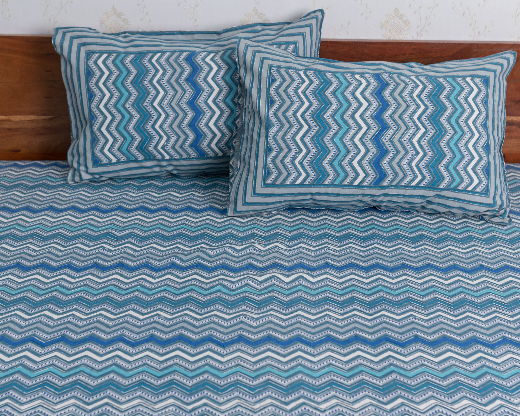 Cotton Queen Size Bedsheet Blue Grey Leheriya Print 2 (6741986508899)