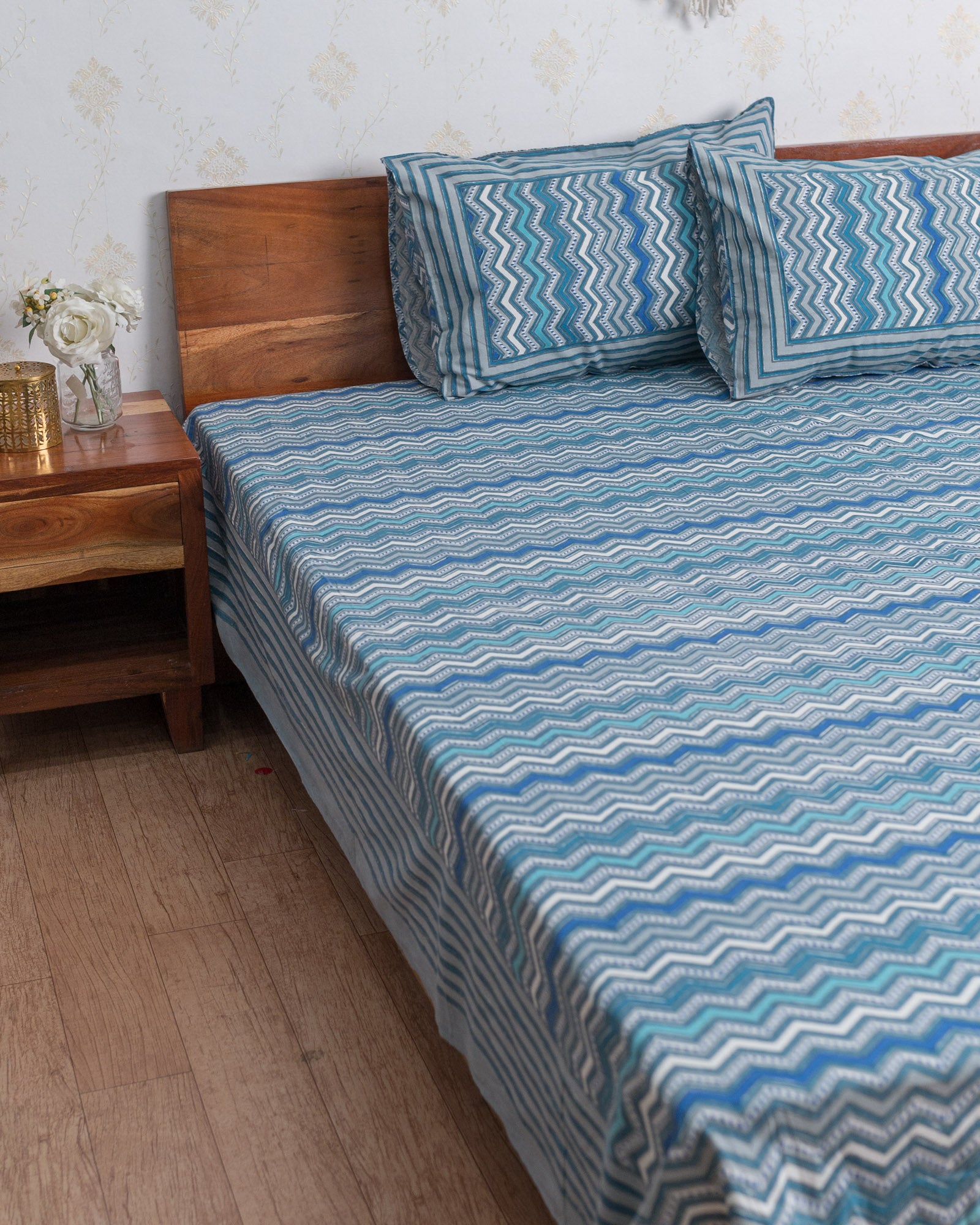 Cotton Queen Size Bedsheet Blue Grey Leheriya Print (6741986508899)